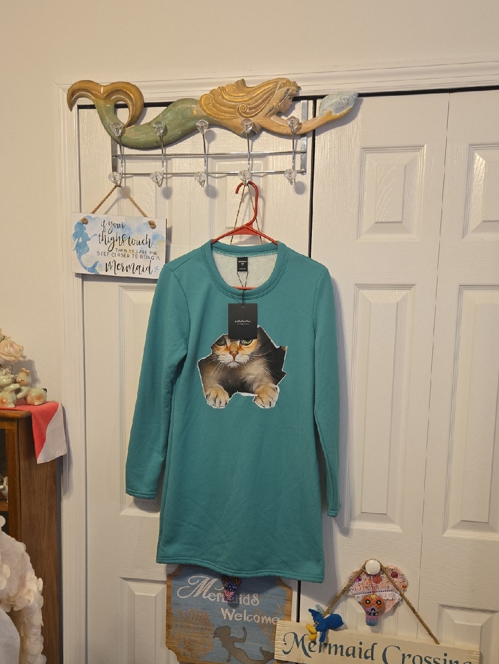 Teal Cat Graphic Sweatshirt Dress - Unbranded
